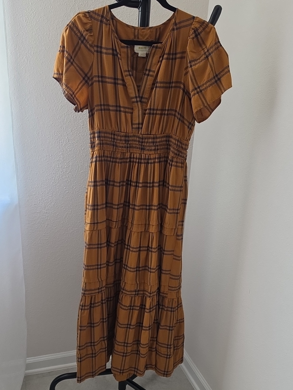 Maeve Mustard Plaid Tiered Maxi Dress